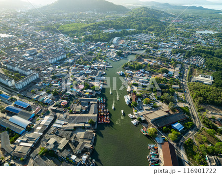 High angle view fisherman boats at the jetty located in Phuket Thailand, aerial view drone top down view,Siray fishing port Phuket Thailand High angle view fisherman boats at the jetty located in Phuket Thailand, aerial view drone top down view,Siray fishing port Phuket Thailand 116901722