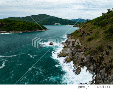 Amazing seascape view seashore and waves crashing on rocks,Aerial view beautiful sea in Phuket island Thailand Amazing seascape view seashore and waves crashing on rocks,Aerial view beautiful sea in Phuket island Thailand 116901733