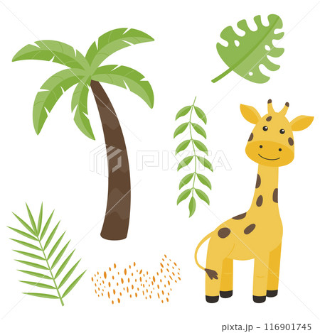 Cute childrens animals set isolated on a white background  giraffe, liana, leaves, palm tree. Flat vector illustrations for children. 116901745