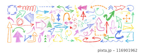 Hand drawn charcoal arrows, doodle direction pointers or chalk pencil curve lines Hand drawn charcoal arrows, doodle direction pointers or chalk pencil curve lines 116901962