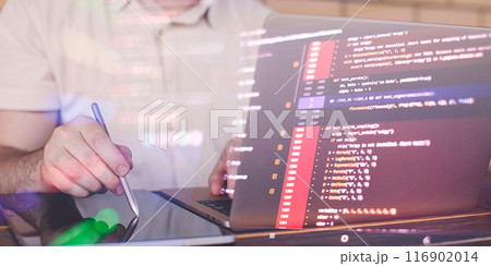 Application development, digital software technology development concept. Application prototype development process planning, computer code 116902014