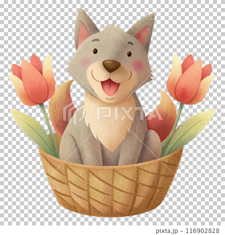 dog sitting and smiling in a basket of tulips Clipart  116902828