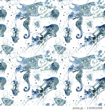 Watercolor and ink hand drawn marine life, sea ocean underwater creatures. fish, shells algae seaweed. Seamless pattern illustration, stylized, isolated on white. Zoo shop, aquarium, cosmetics, resort Watercolor and ink hand drawn marine life, sea ocean underwater creatures. fish, shells algae seaweed. Seamless pattern illustration, stylized, isolated on white. Zoo shop, aquarium, cosmetics, resort 116902896