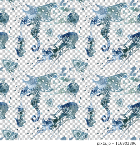 Watercolor and ink hand drawn marine life, sea ocean underwater creatures. fish, shells algae seaweed. Seamless pattern illustration, stylized, isolated on white. Zoo shop, aquarium, cosmetics, resort Watercolor and ink hand drawn marine life, sea ocean underwater creatures. fish, shells algae seaweed. Seamless pattern illustration, stylized, isolated on white. Zoo shop, aquarium, cosmetics, resort 116902896