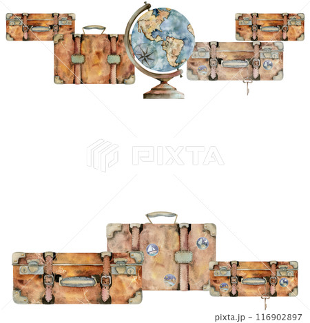 Old retro vintage leather suitcases baggage luggage, globe. Watercolor hand drawn illustration. Square border frame. Design tourism, travel brochure, booklet, wedding guide, print card, tattoo. Old retro vintage leather suitcases baggage luggage, globe. Watercolor hand drawn illustration. Square border frame. Design tourism, travel brochure, booklet, wedding guide, print card, tattoo. 116902897