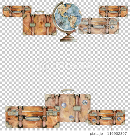 Old retro vintage leather suitcases baggage luggage, globe. Watercolor hand drawn illustration. Square border frame. Design tourism, travel brochure, booklet, wedding guide, print card, tattoo. Old retro vintage leather suitcases baggage luggage, globe. Watercolor hand drawn illustration. Square border frame. Design tourism, travel brochure, booklet, wedding guide, print card, tattoo. 116902897