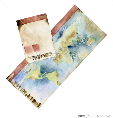Multinational world id document, plane train ferry ticket coupon permit with map. Watercolor hand drawn vintage illustration. Design for tourism, travel, brochure, wedding, guide, print, card tattoo. Multinational world id document, plane train ferry ticket coupon permit with map. Watercolor hand drawn vintage illustration. Design for tourism, travel, brochure, wedding, guide, print, card tattoo. 116902898