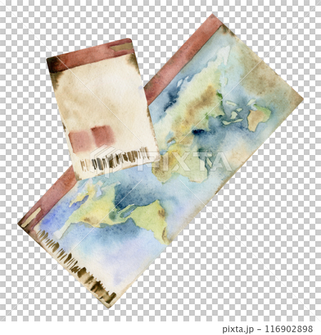 Multinational world id document, plane train ferry ticket coupon permit with map. Watercolor hand drawn vintage illustration. Design for tourism, travel, brochure, wedding, guide, print, card tattoo. Multinational world id document, plane train ferry ticket coupon permit with map. Watercolor hand drawn vintage illustration. Design for tourism, travel, brochure, wedding, guide, print, card tattoo. 116902898