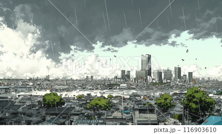 雨天の都会の遠景