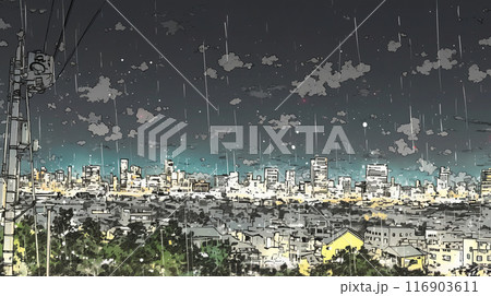 雨天の都会の遠景
