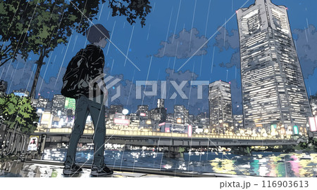 雨天の都会の遠景
