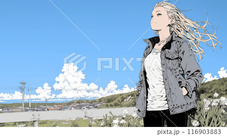 遠くの空を見つめている若い女性