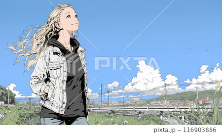 遠くの空を見つめている若い女性