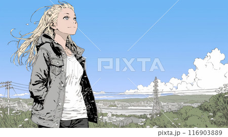 遠くの空を見つめている若い女性