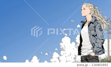 遠くの空を見つめている若い女性