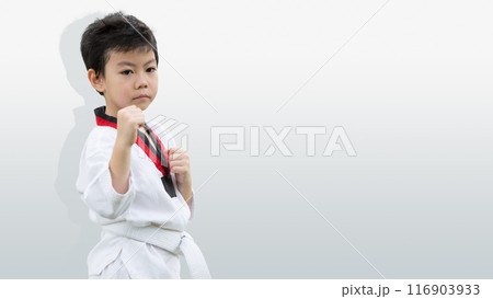 Taekwondo kid kick boxing, Boy fighter fighting stand isolated with white space for text 116903933