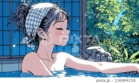 温泉に浸かっている若い女性