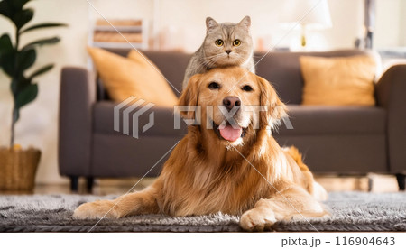 かわいい猫ゴールデンレトリバーの上に座っている。 116904643