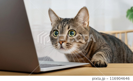 かわいい猫がノートパソコンの画面を驚いた表情で凝視している。テーブルの上にあるラップトップ。 116904646