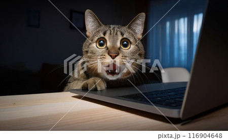 猫がノートパソコンの画面を見てショックを受け絶望している。テーブルの上のラップトップと猫。 116904648