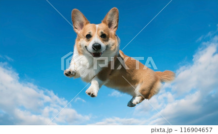 ウェルシュコーギーが笑顔でとても高くジャンプしている。 116904657