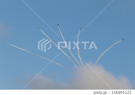 青空に白い雲と飛行機雲とブルーインパルス 116905121