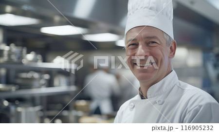 コック服を着て厨房に立つ笑顔のベテラン料理人の白人男性 116905232