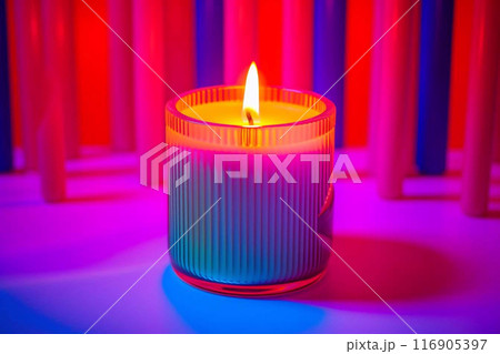 Candle with neon light. Romance. Aroma candle. Candle in the glass. Candle with neon light. Romance. Aroma candle. Candle in the glass. 116905397