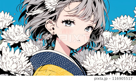 菊の花と若い女性