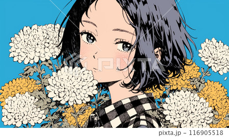 菊の花と若い女性