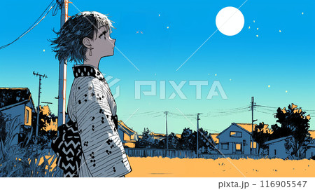 仲秋の満月の夜に浴衣を着て月見をしながら近所を歩く若い女性