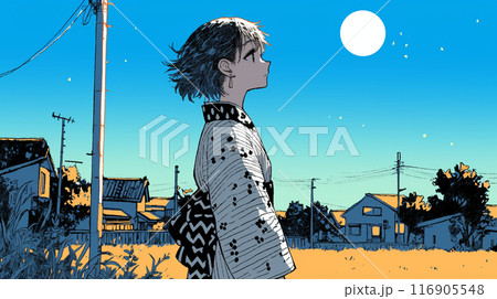 仲秋の満月の夜に浴衣を着て月見をしながら近所を歩く若い女性