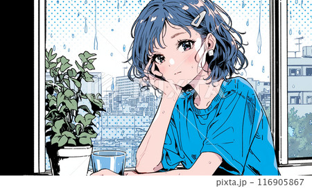 雨降りで憂鬱な気分の若い女性
