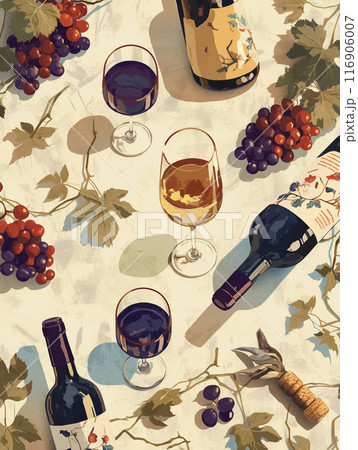 水彩で描いたワインとぶどうの背景　AI画像 116906007