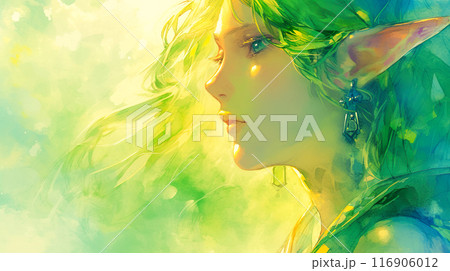 【水彩画】エルフの少女（グリーン） 美しい妖精エルフの女性の横顔の水彩イラストのイラスト素材