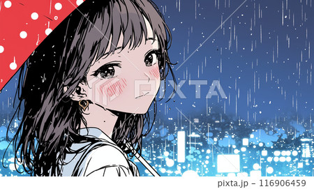 雨降りと夜景と傘を差した若い女性
