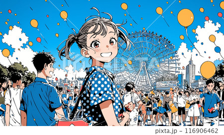 家族で遊園地に来て大喜びの少女