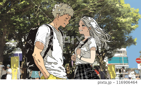 都会のおしゃれなショッピング街でデートしている若い二人
