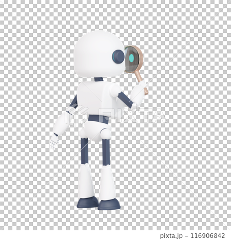 3DCG | Back view of a cute robot looking into the future with a magnifying glass 116906842