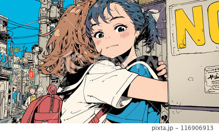 街中で友達にいきなりハグされた女の子