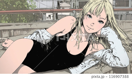 黒いレオタード姿でベランダに横になっている若い女性
