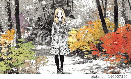 紅葉の公園を散歩している若い女性