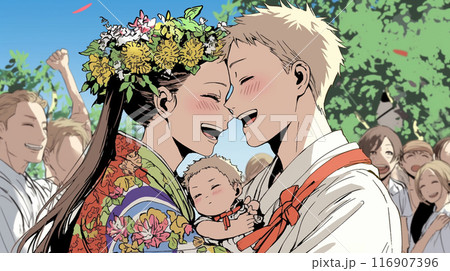 子連れで結婚式を挙げている若い新郎新婦