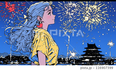 古城をバックに打ち上げ花火と若い女性