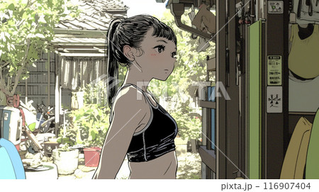 近所の海に泳ぎに行うと自宅を出る少女