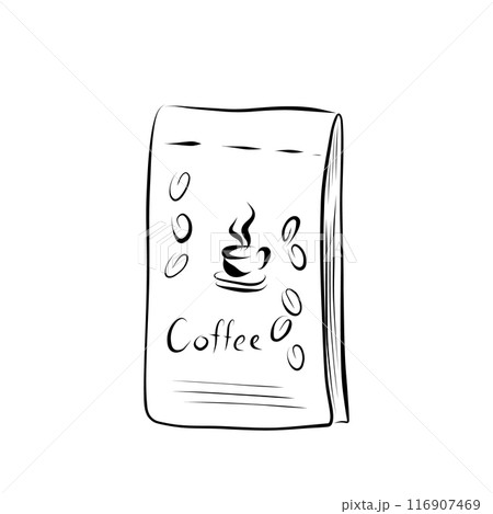 Line drawing. line art bag with coffee beans. Vector 116907469