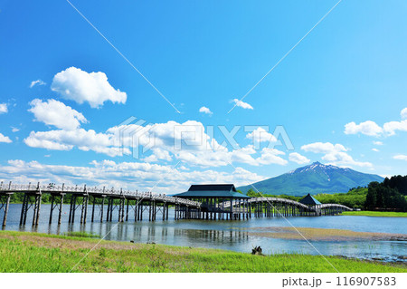 青森県　青空の鶴の舞橋と岩木山 116907583
