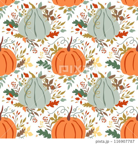 Floral pumpkin seamless pattern in damask ornament. Cute fall or Thanksgiving day background. Vector autumn print 116907787