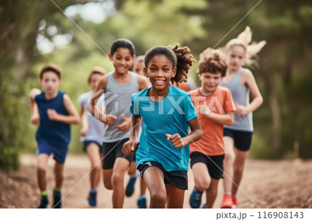 Group of happy children running together 116908143
