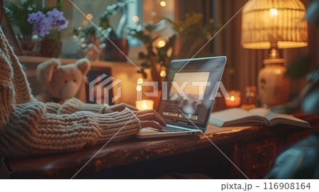 Girl working on laptop at home office. Work - life integration concepts. 116908164